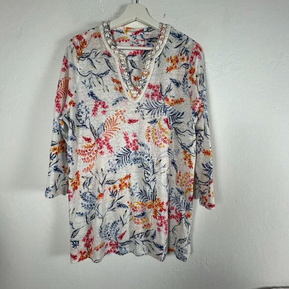 Chico's Womens Linen Nautical Embellished Tunic Top Size 2 US Large White Orange - Picture 1 of 10
